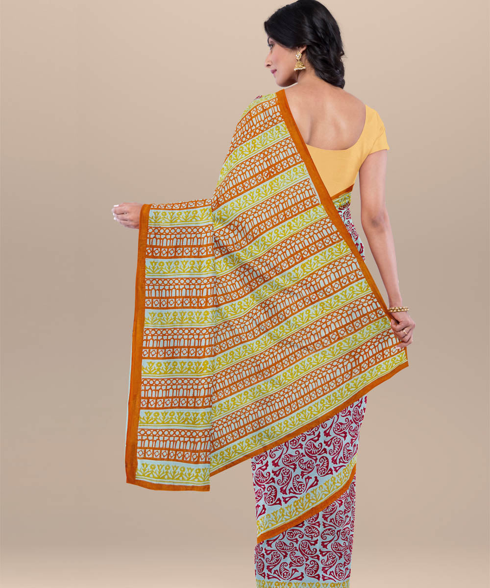 Maroon yellow cotton hand block printed saree