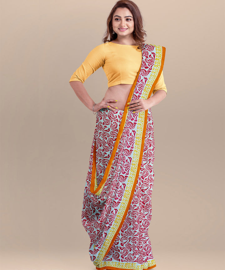 Maroon yellow cotton hand block printed saree