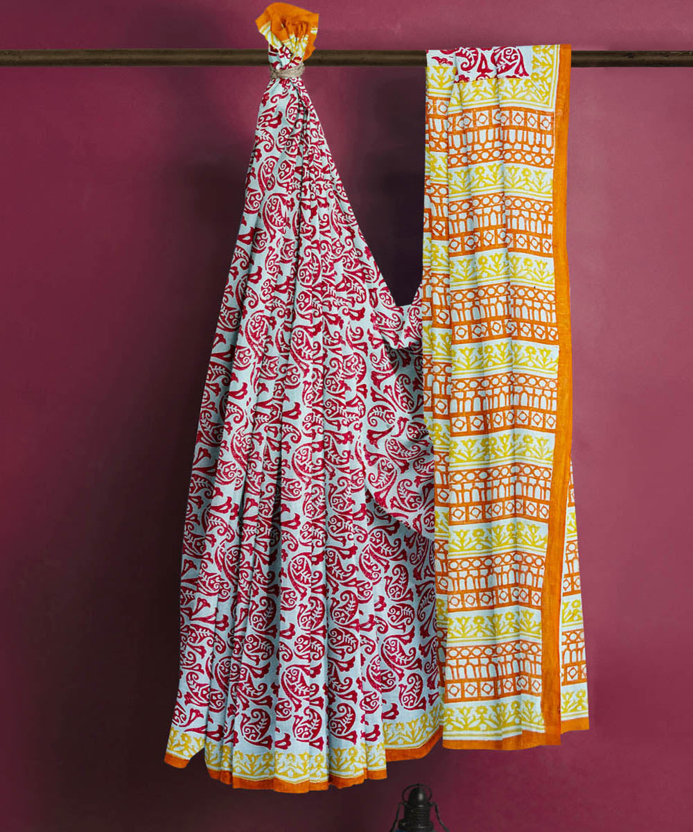 Maroon yellow cotton hand block printed saree