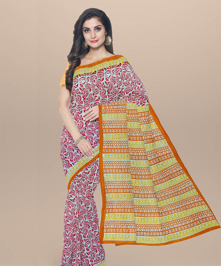 Maroon yellow cotton hand block printed saree