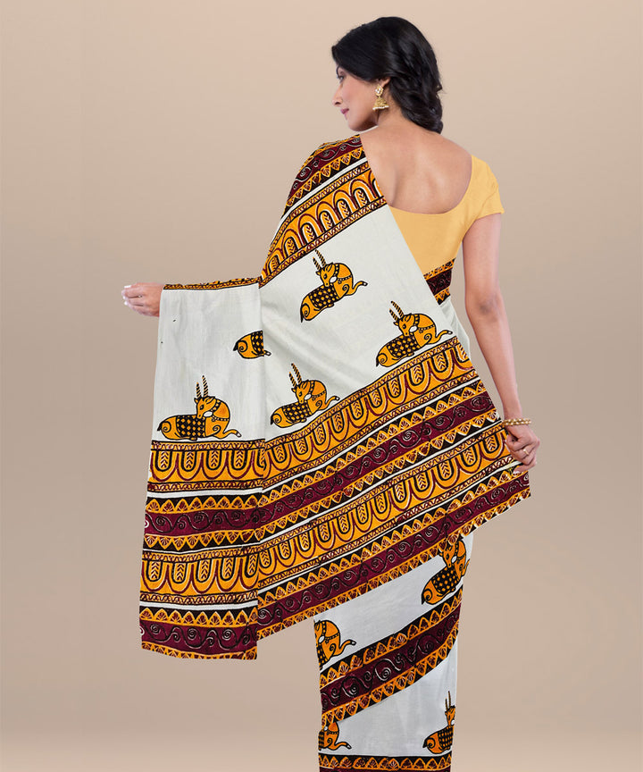 White brown cotton hand block printed saree