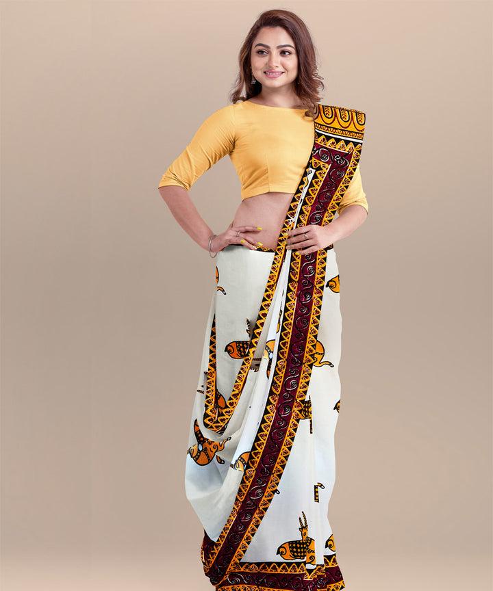 White brown cotton hand block printed saree