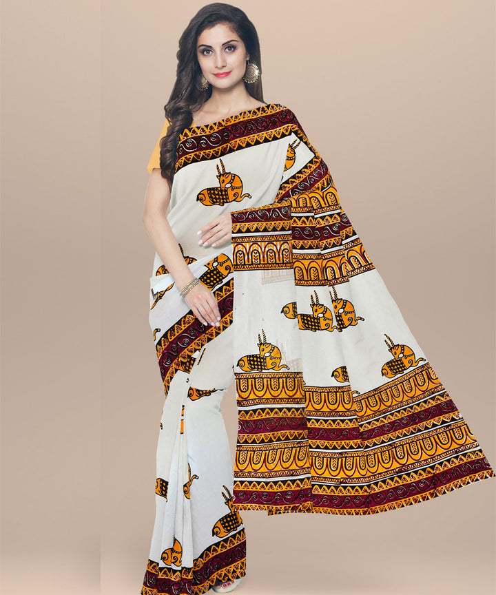 White brown cotton hand block printed saree