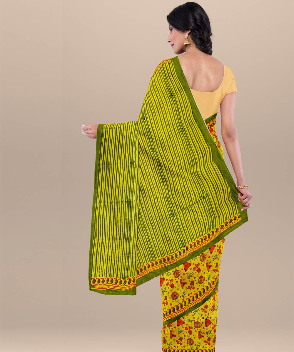 Yellow red cotton hand block printed saree