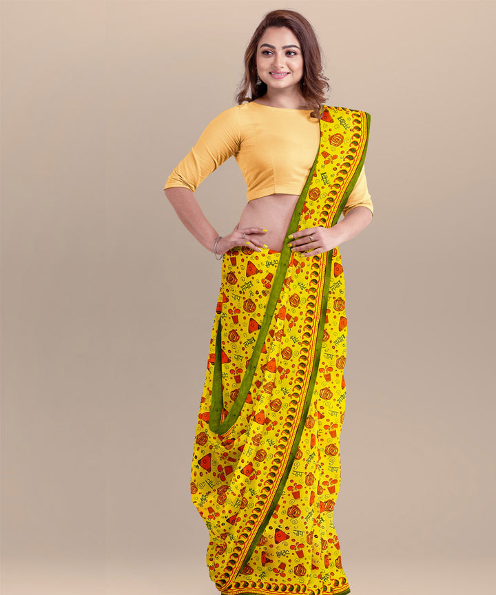 Yellow red cotton hand block printed saree