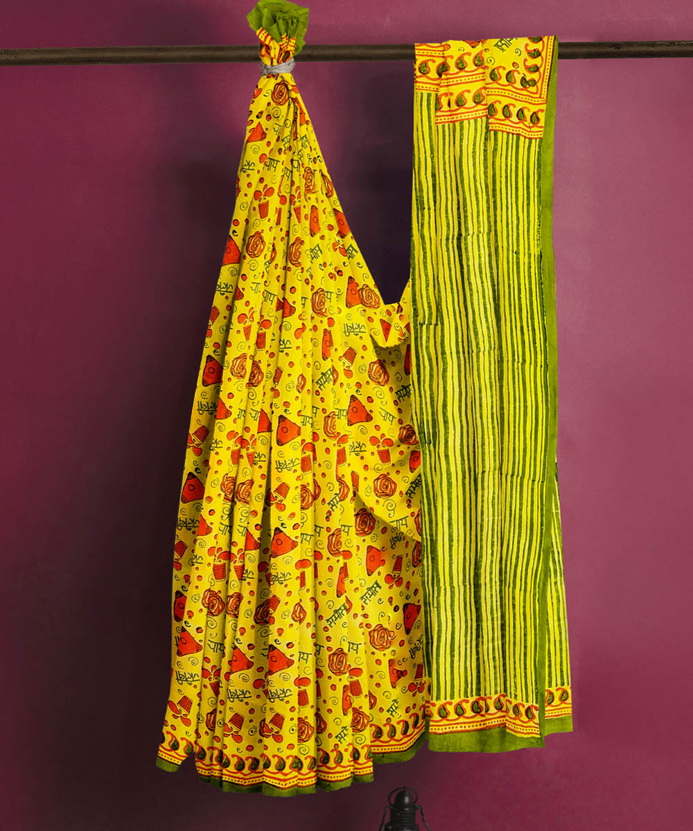 Yellow red cotton hand block printed saree