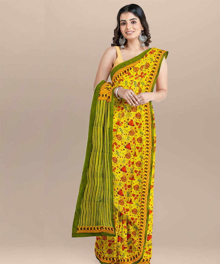 Yellow red cotton hand block printed saree