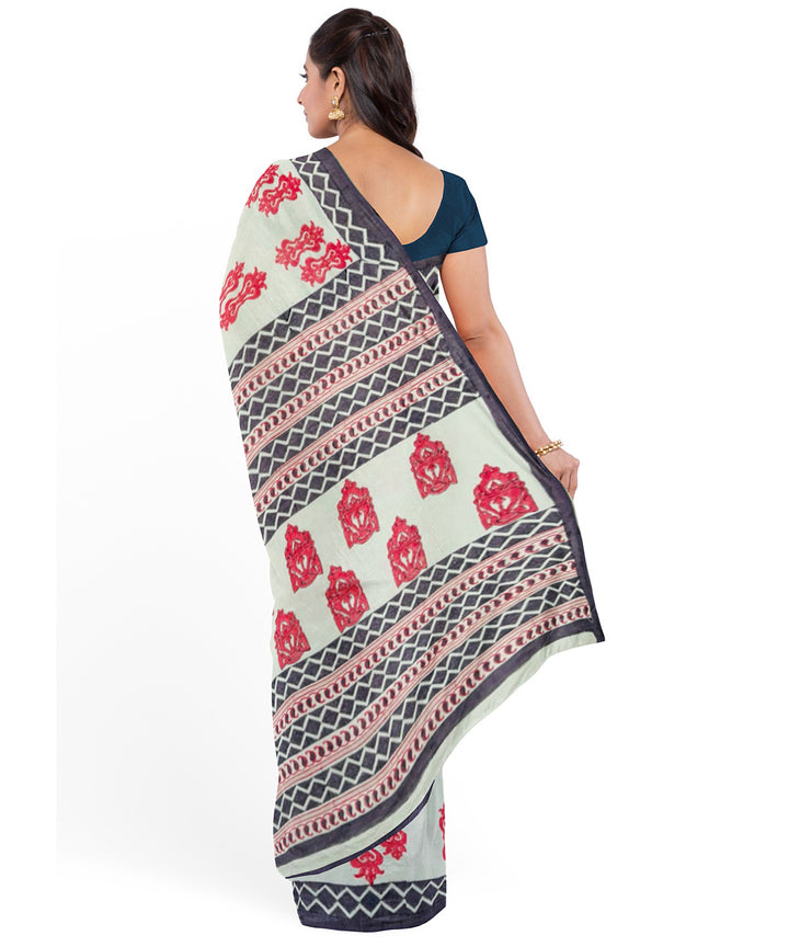 White red cotton hand block printed saree