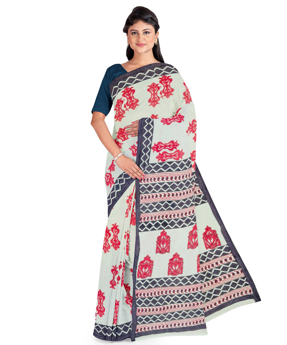 White red cotton hand block printed saree