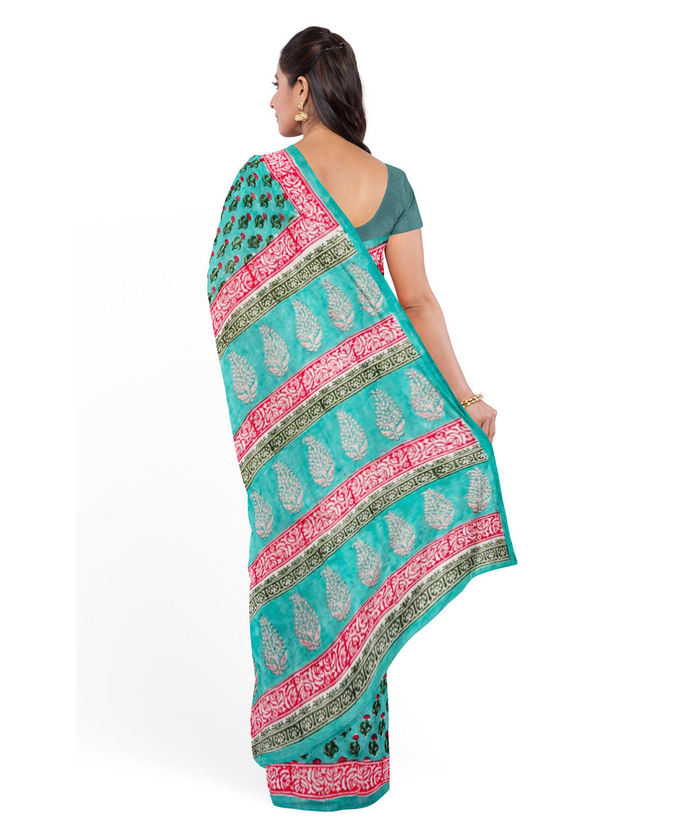 Cyan green pink cotton hand block printed saree