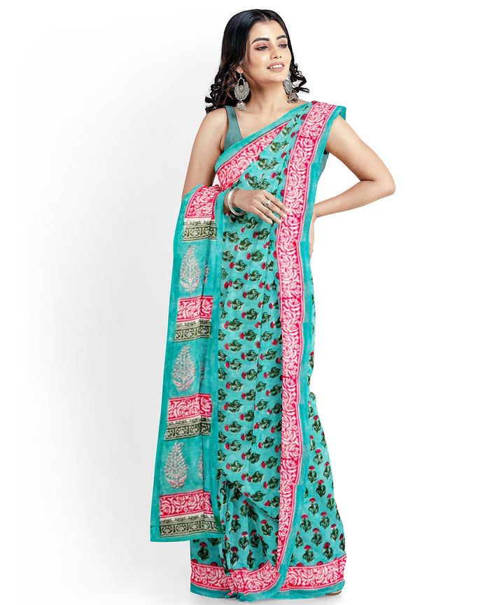 Cyan green pink cotton hand block printed saree