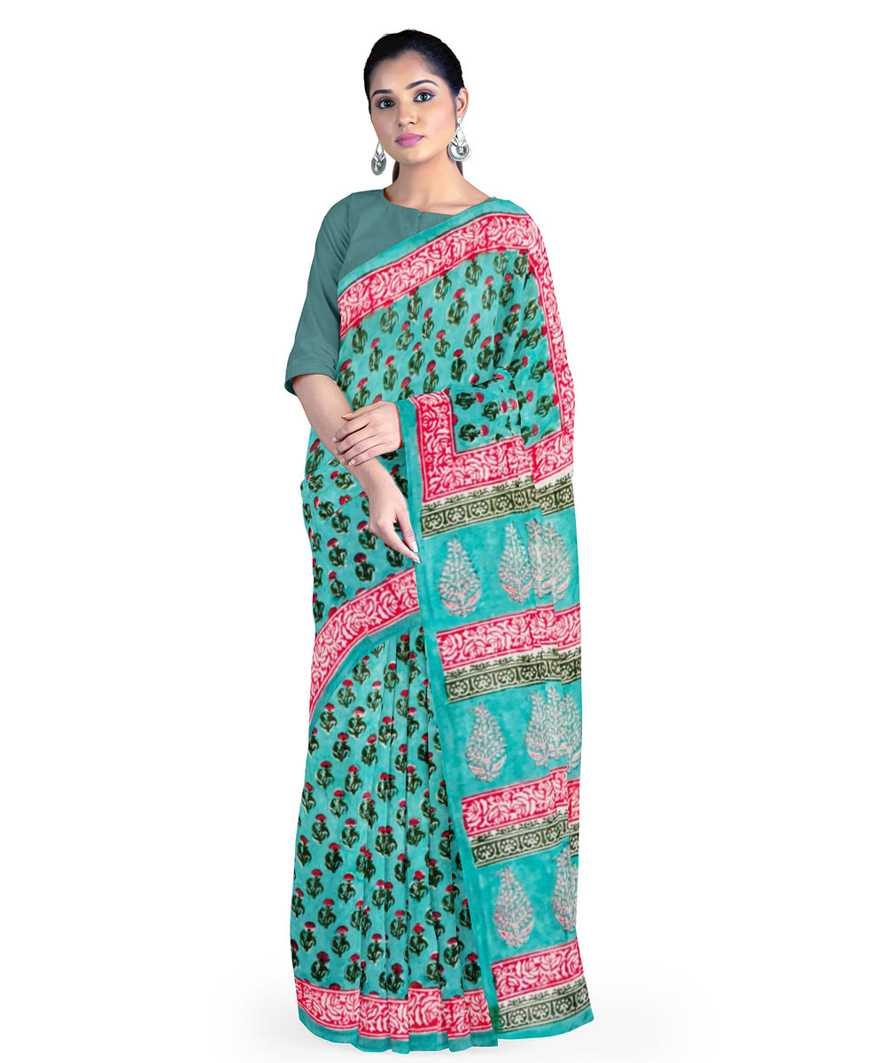 Cyan green pink cotton hand block printed saree