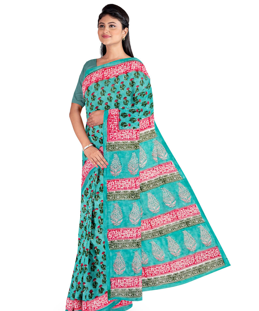 Cyan green pink cotton hand block printed saree