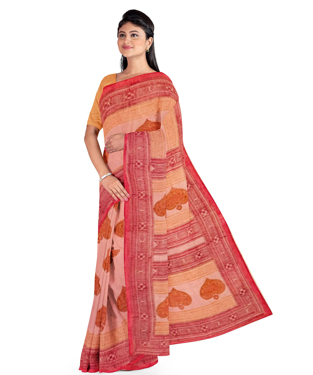 Red maroon cotton hand block printed saree