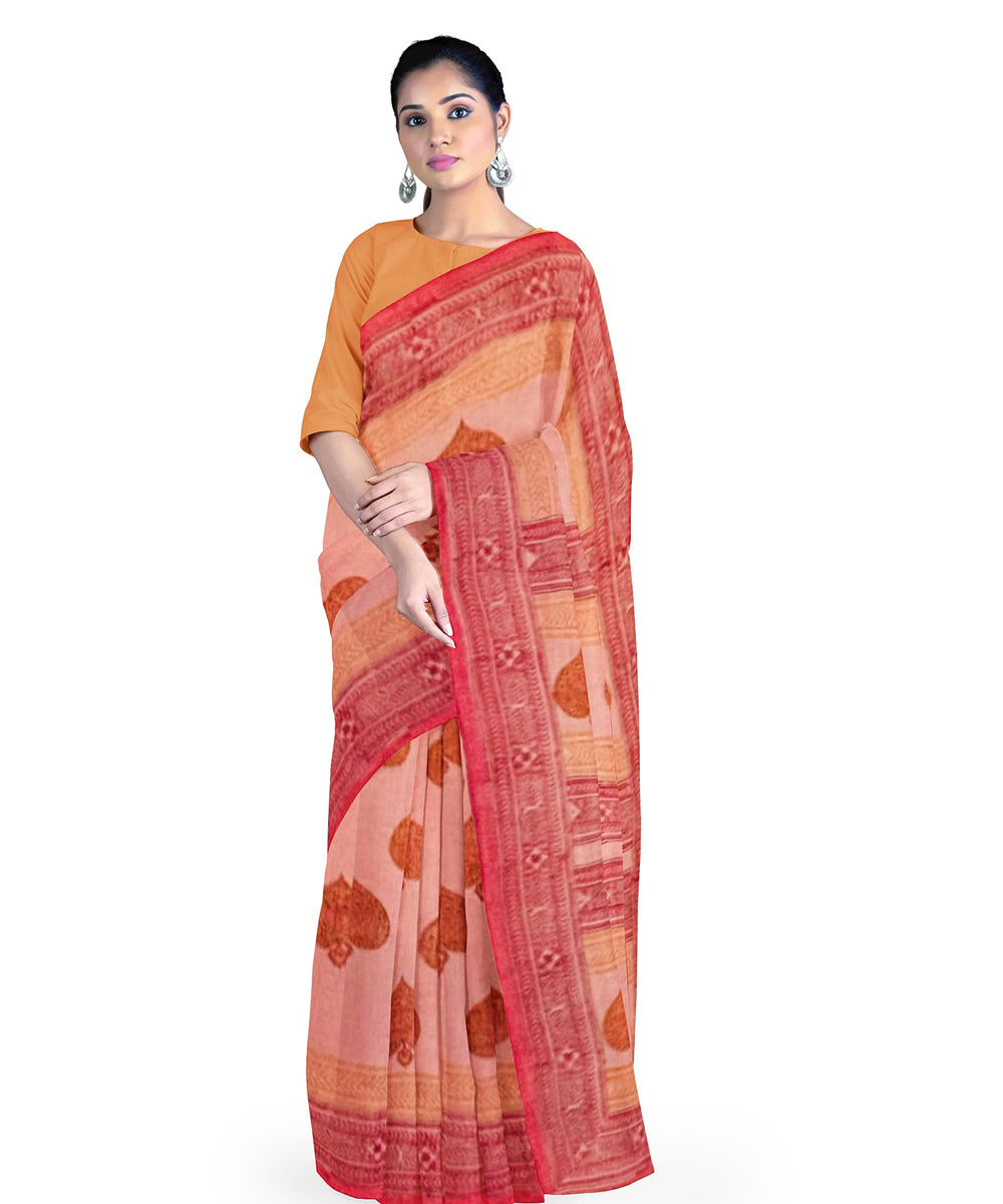 Red maroon cotton hand block printed saree