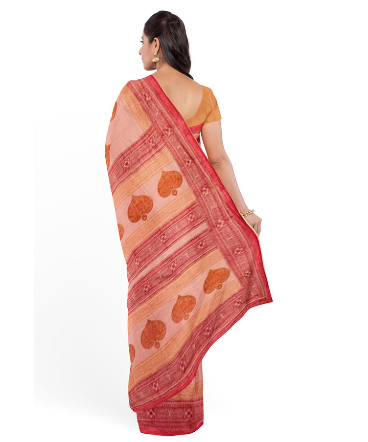 Red maroon cotton hand block printed saree