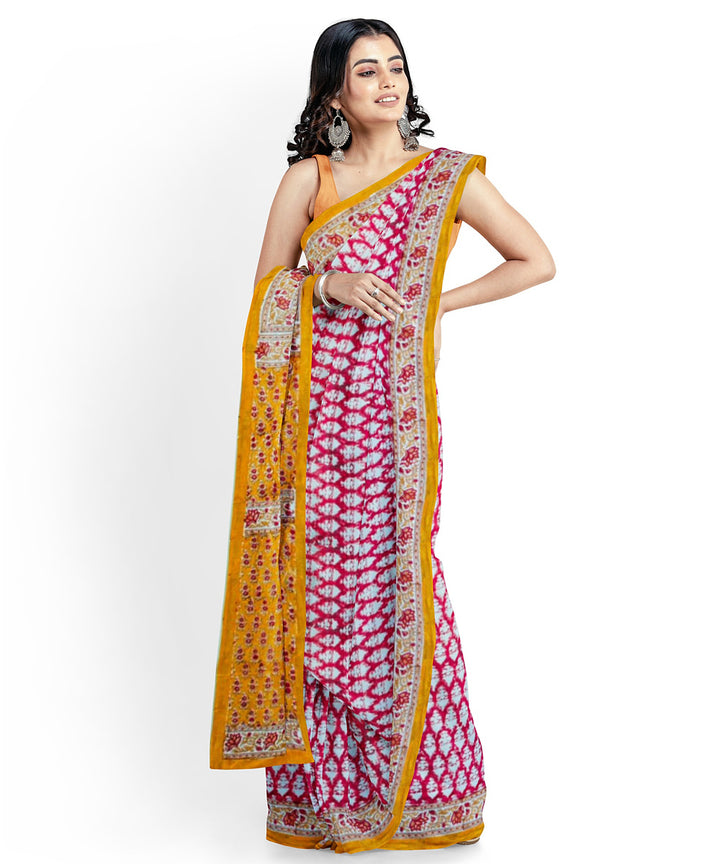 Pink yellow cotton hand block printed saree