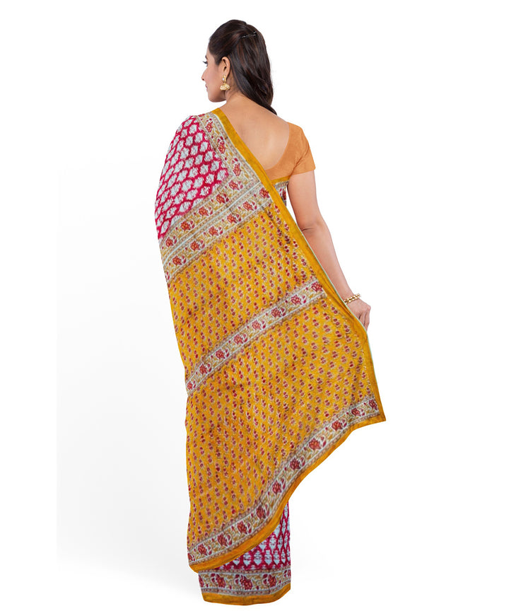 Pink yellow cotton hand block printed saree