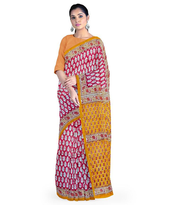 Pink yellow cotton hand block printed saree