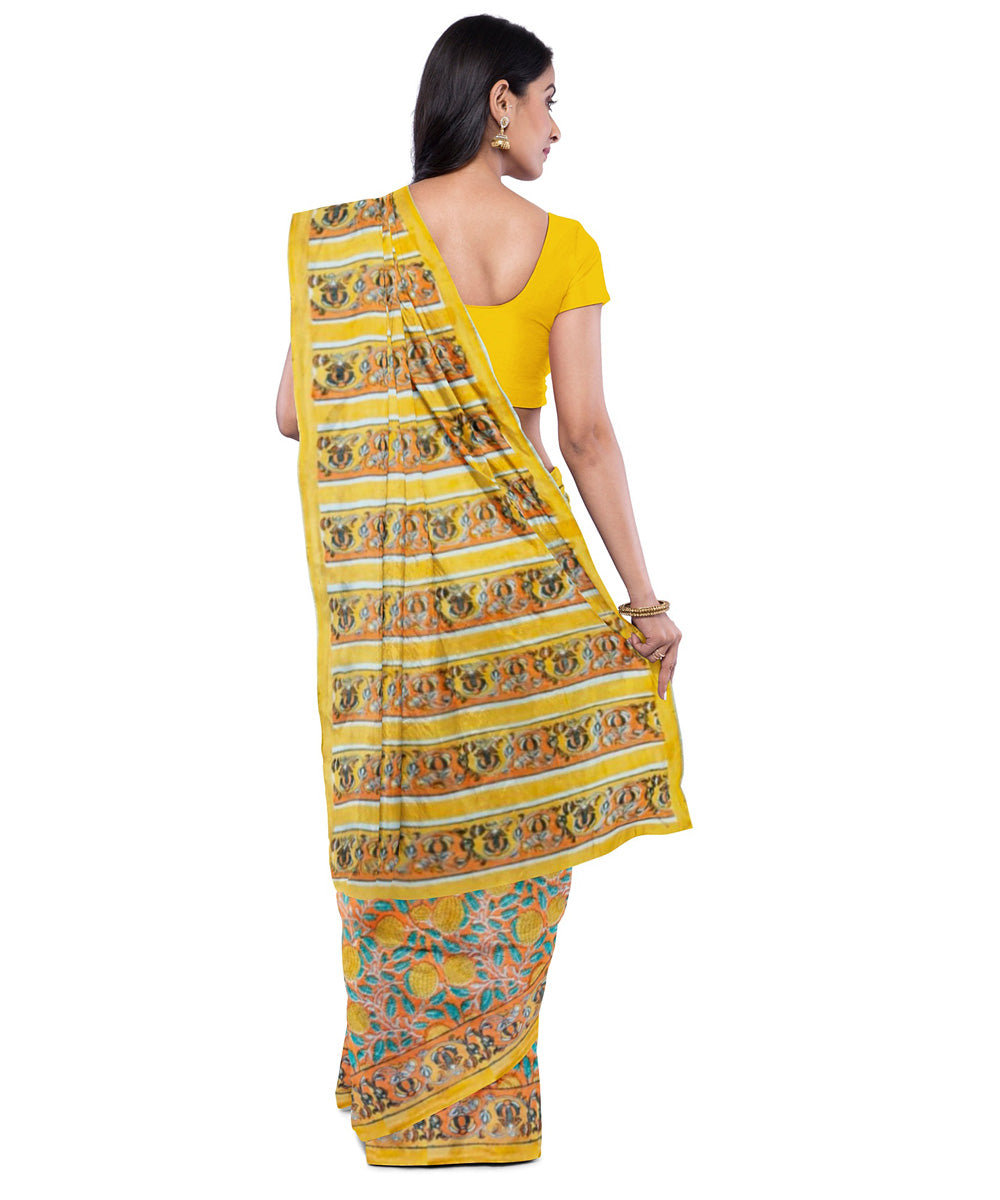 Yellow brown hand block printed cotton saree