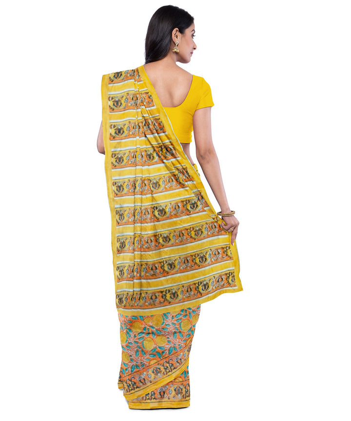 Yellow brown hand block printed cotton saree