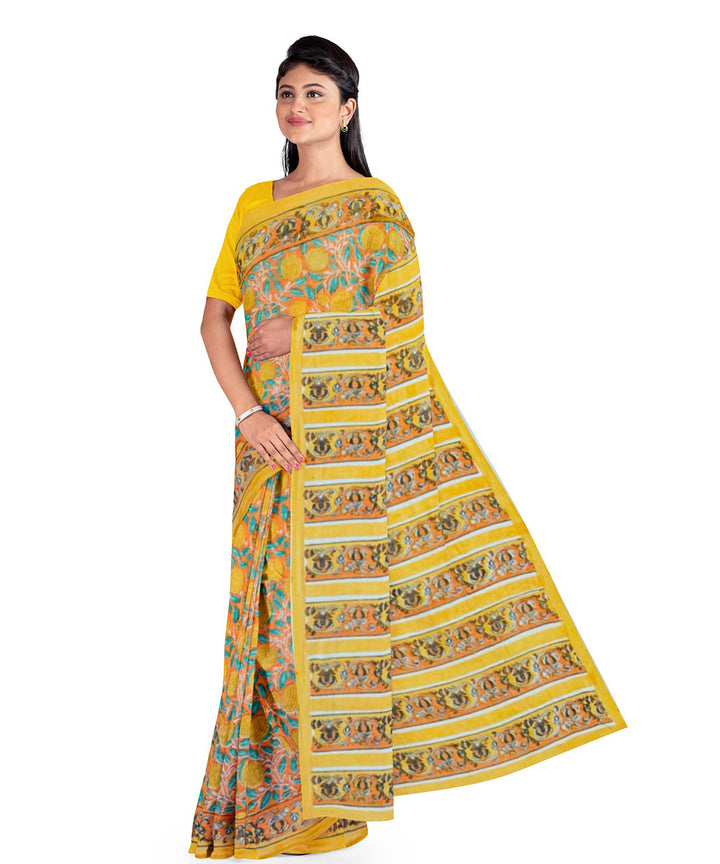 Yellow brown hand block printed cotton saree