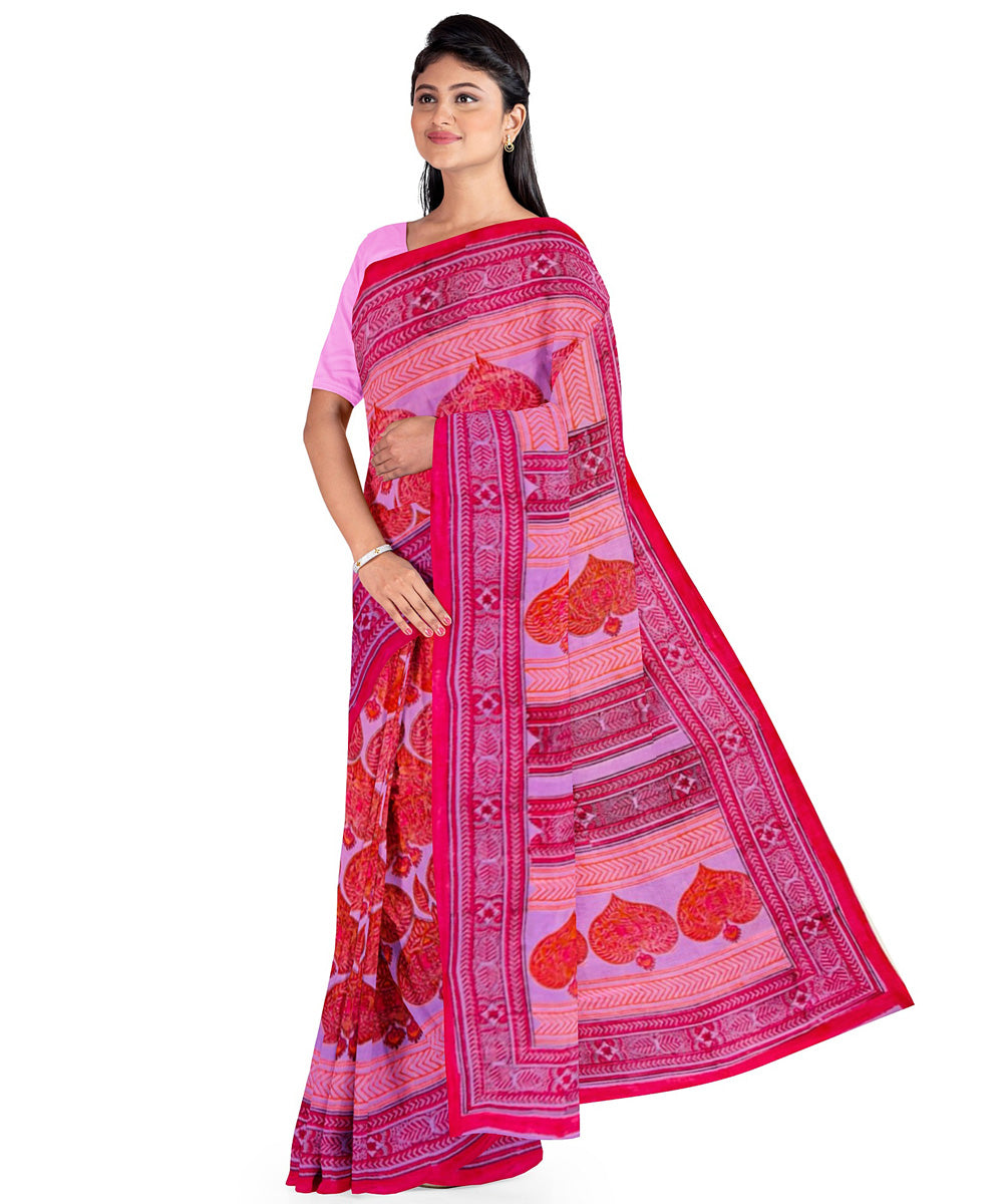 Pink red cotton hand block printed saree