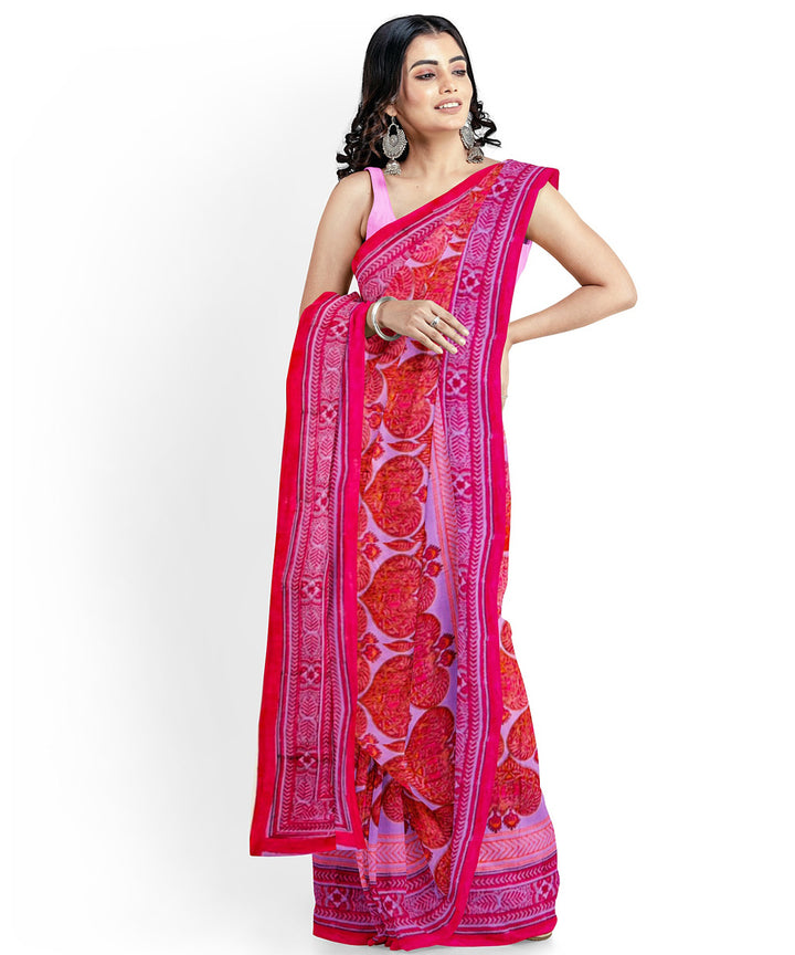 Pink red cotton hand block printed saree