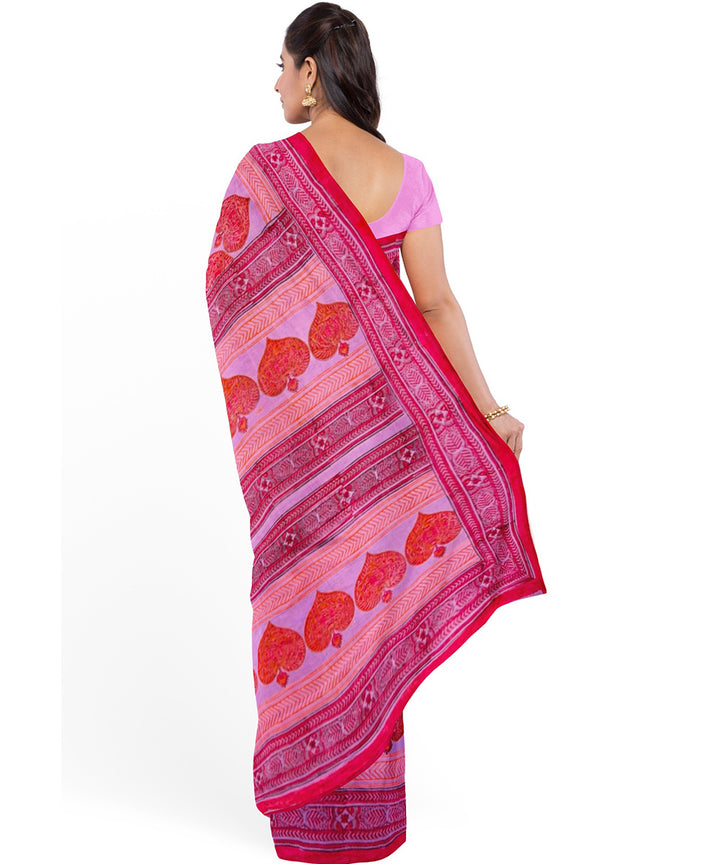 Pink red cotton hand block printed saree