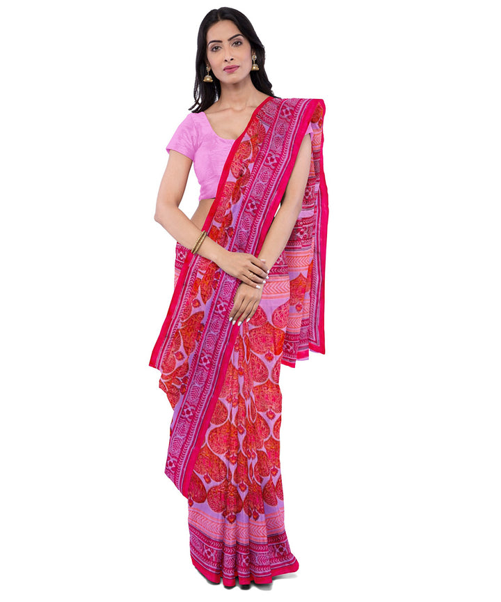 Pink red cotton hand block printed saree