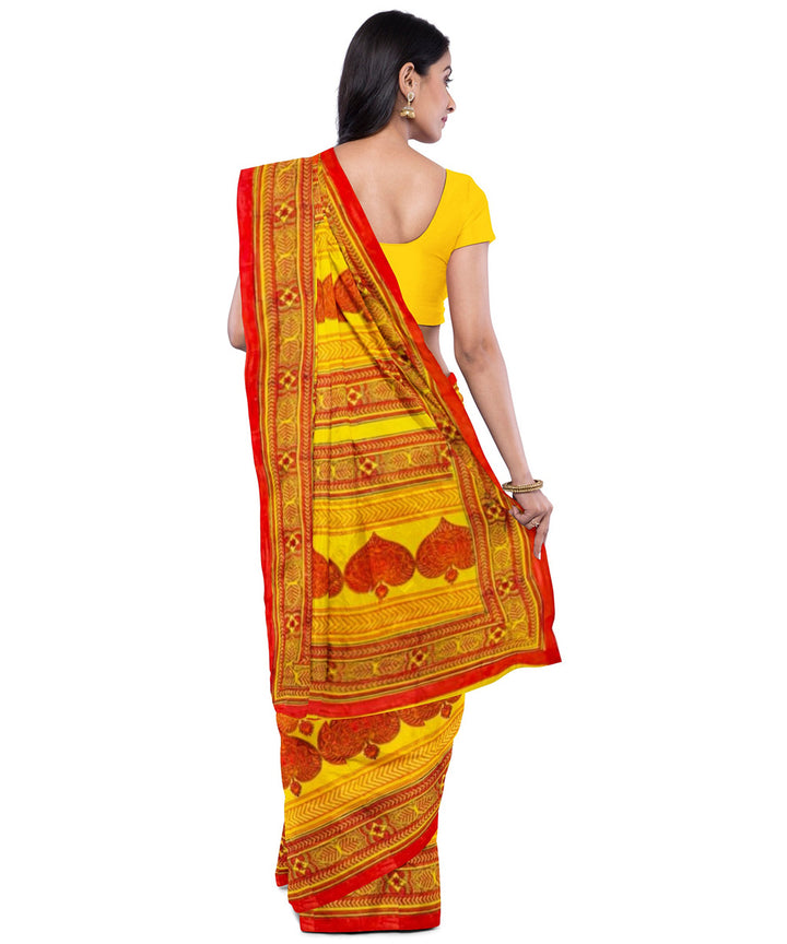 Yellow brown cotton hand block printed saree