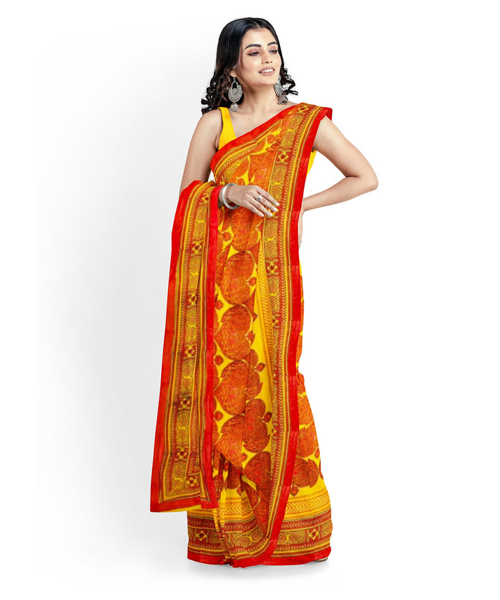 Yellow brown cotton hand block printed saree