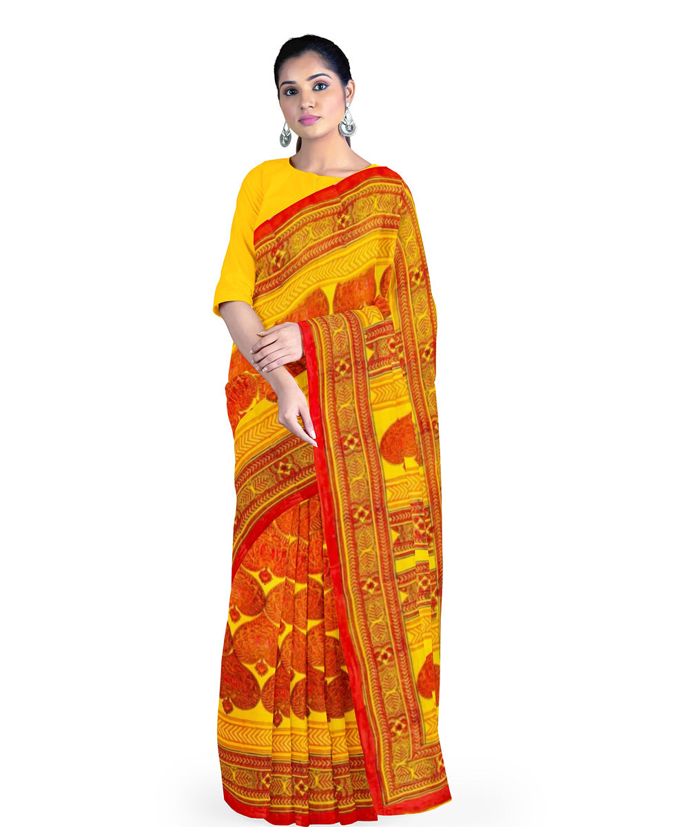 Yellow brown cotton hand block printed saree