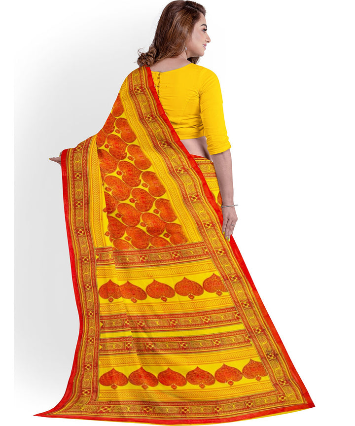 Yellow brown cotton hand block printed saree