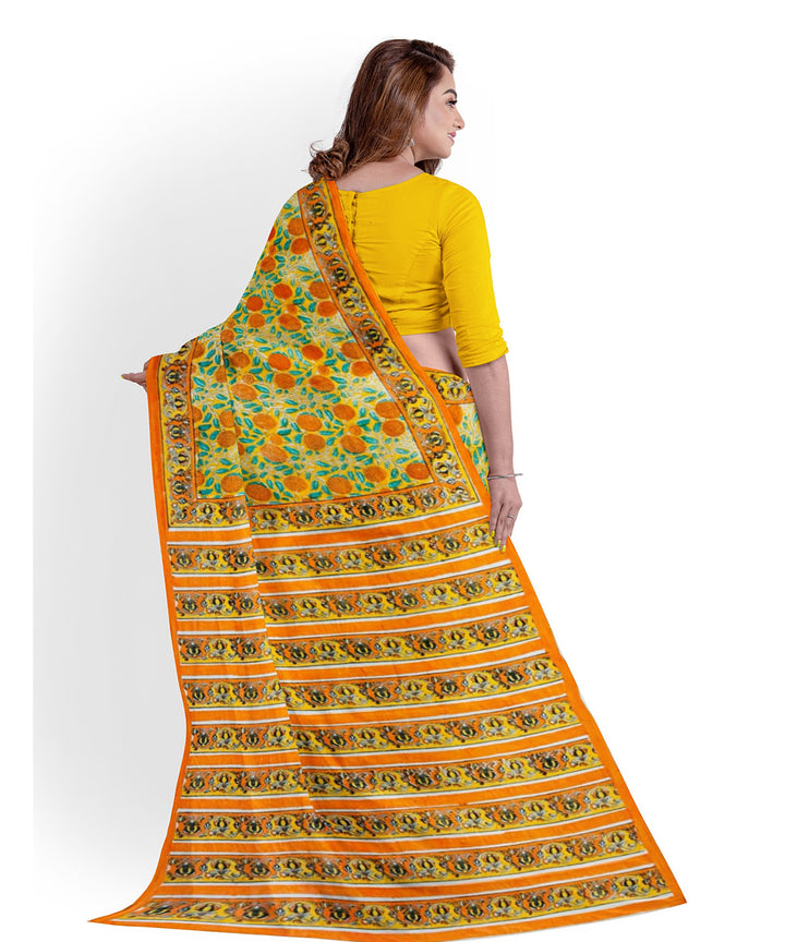 Yellow green cotton hand block printed saree