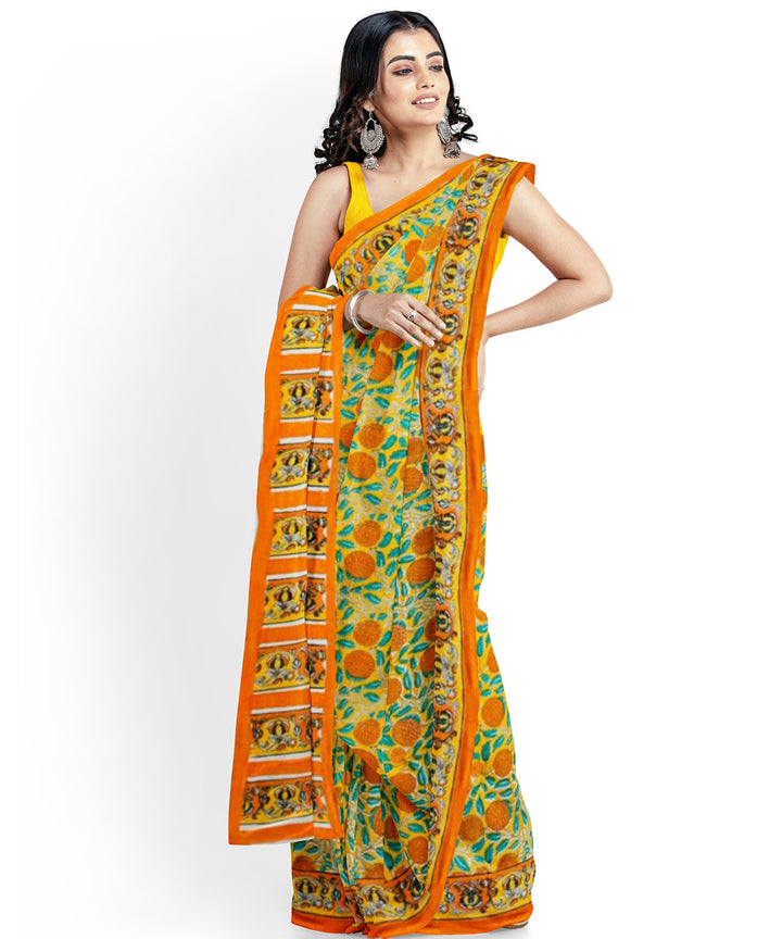 Yellow green cotton hand block printed saree