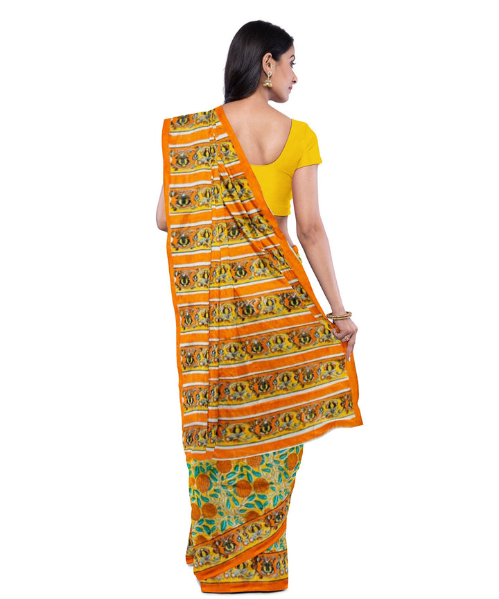 Yellow green cotton hand block printed saree