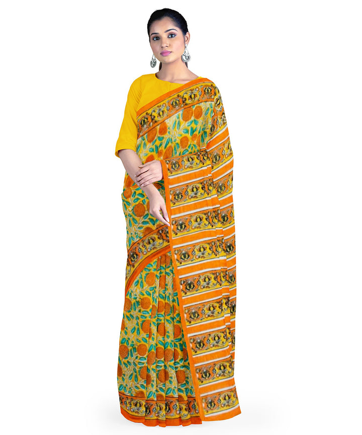 Yellow green cotton hand block printed saree