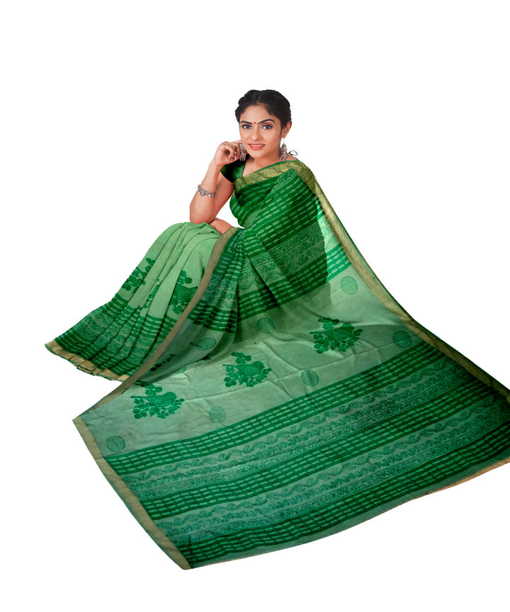 Dark green grey cotton silk hand printed maheshwari saree