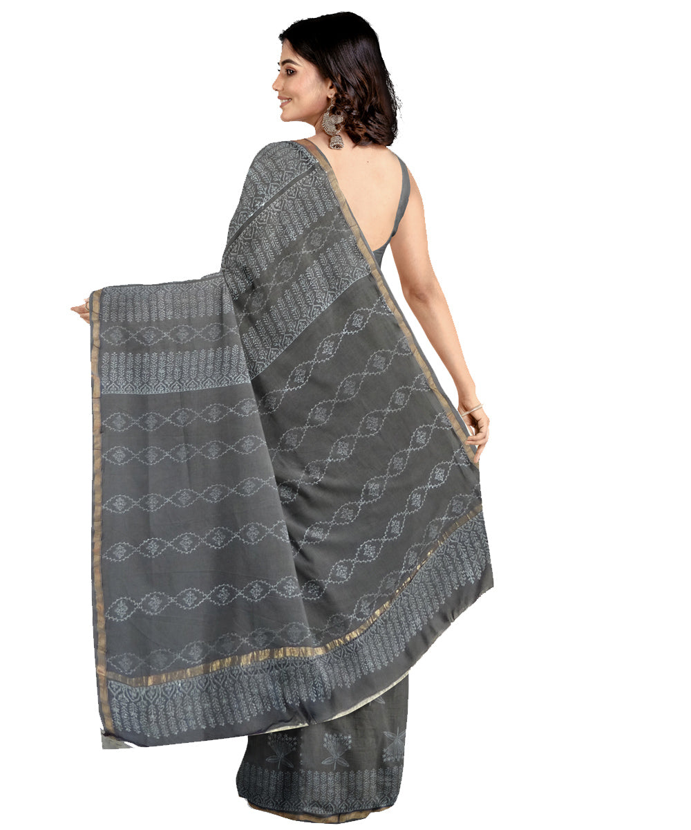 Grey white cotton silk hand printed chanderi saree