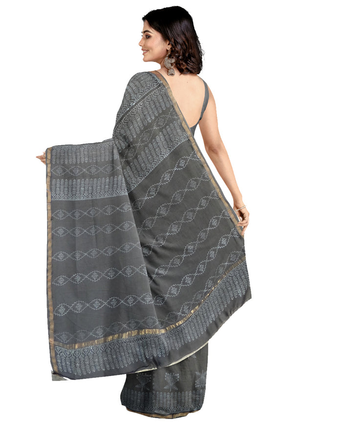 Grey white cotton silk hand printed chanderi saree