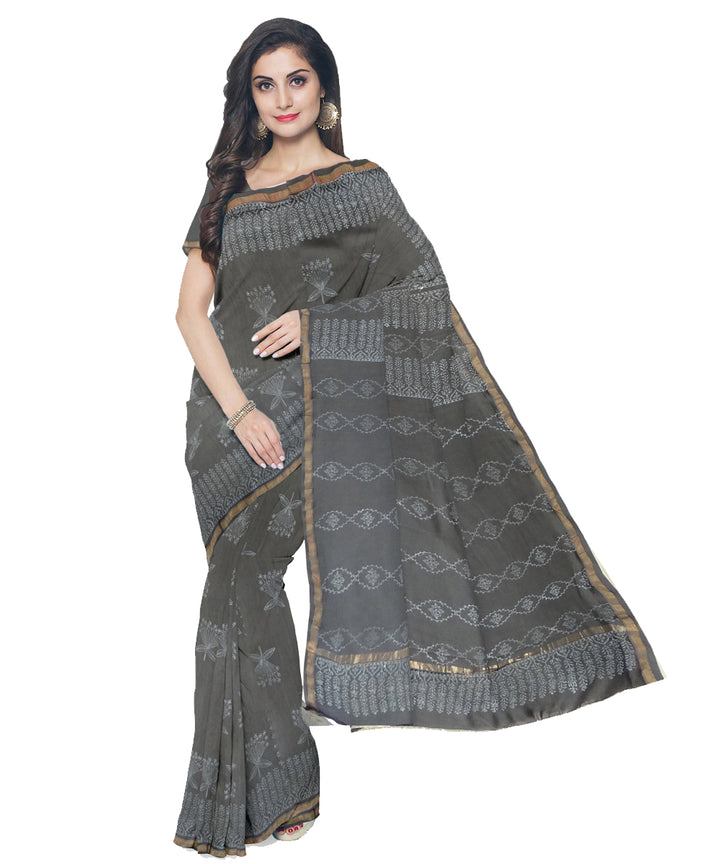 Grey white cotton silk hand printed chanderi saree