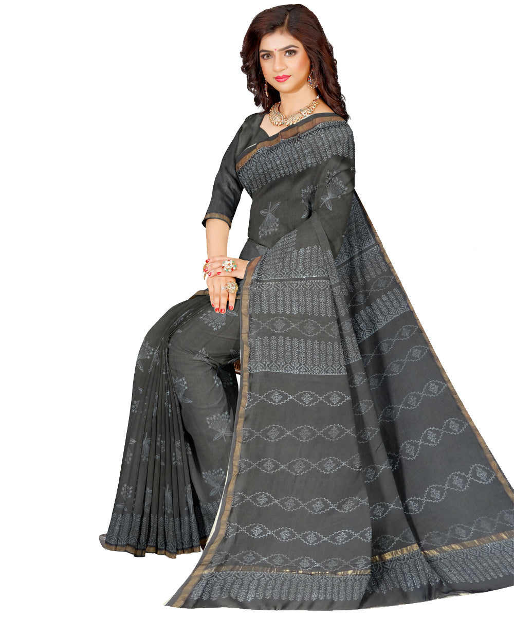 Grey white cotton silk hand printed chanderi saree