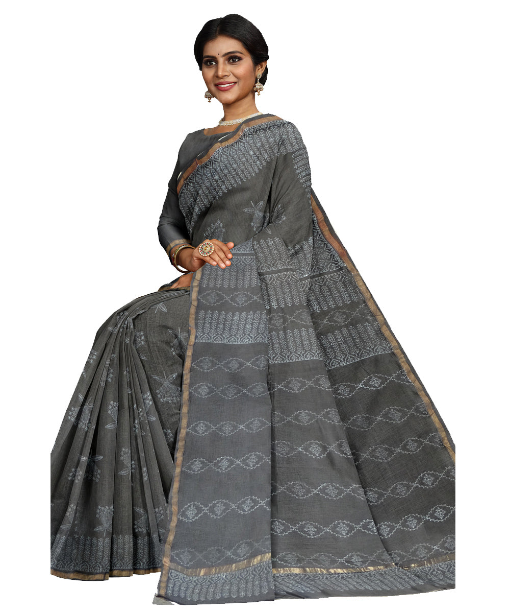 Grey white cotton silk hand printed chanderi saree
