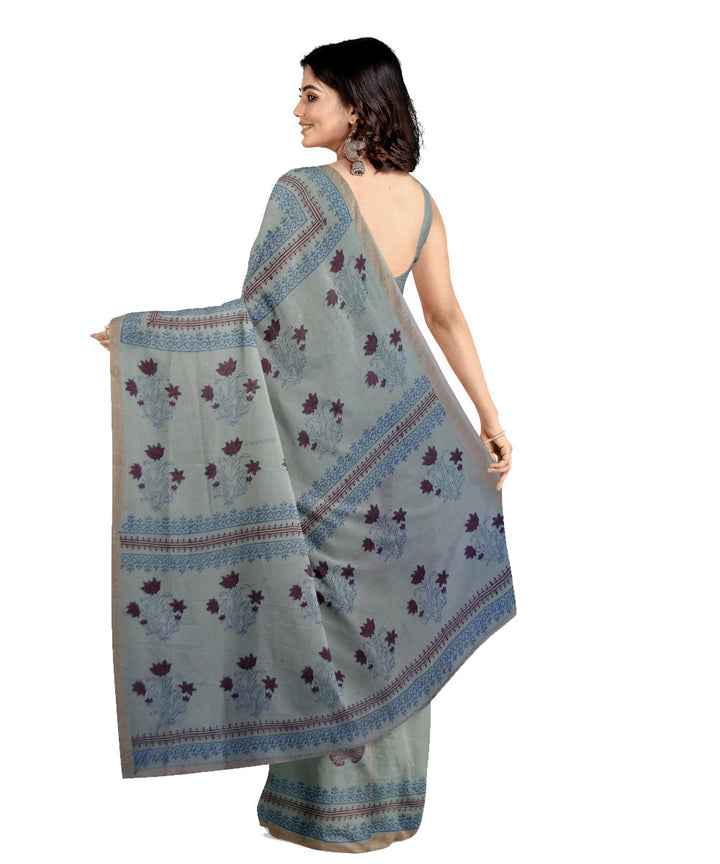 Grey brown cotton silk hand printed maheshwari saree