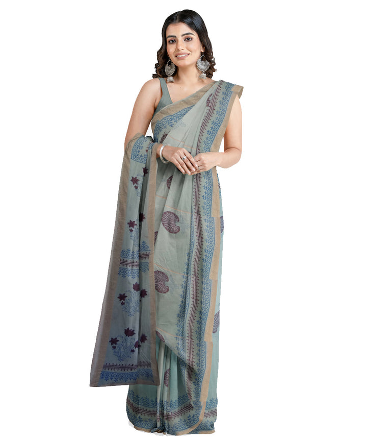 Grey brown cotton silk hand printed maheshwari saree