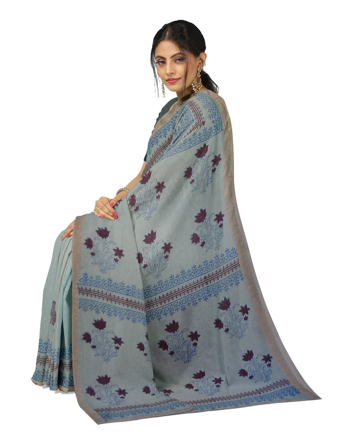 Grey brown cotton silk hand printed maheshwari saree