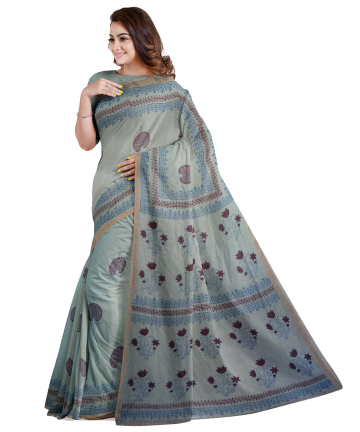 Grey brown cotton silk hand printed maheshwari saree