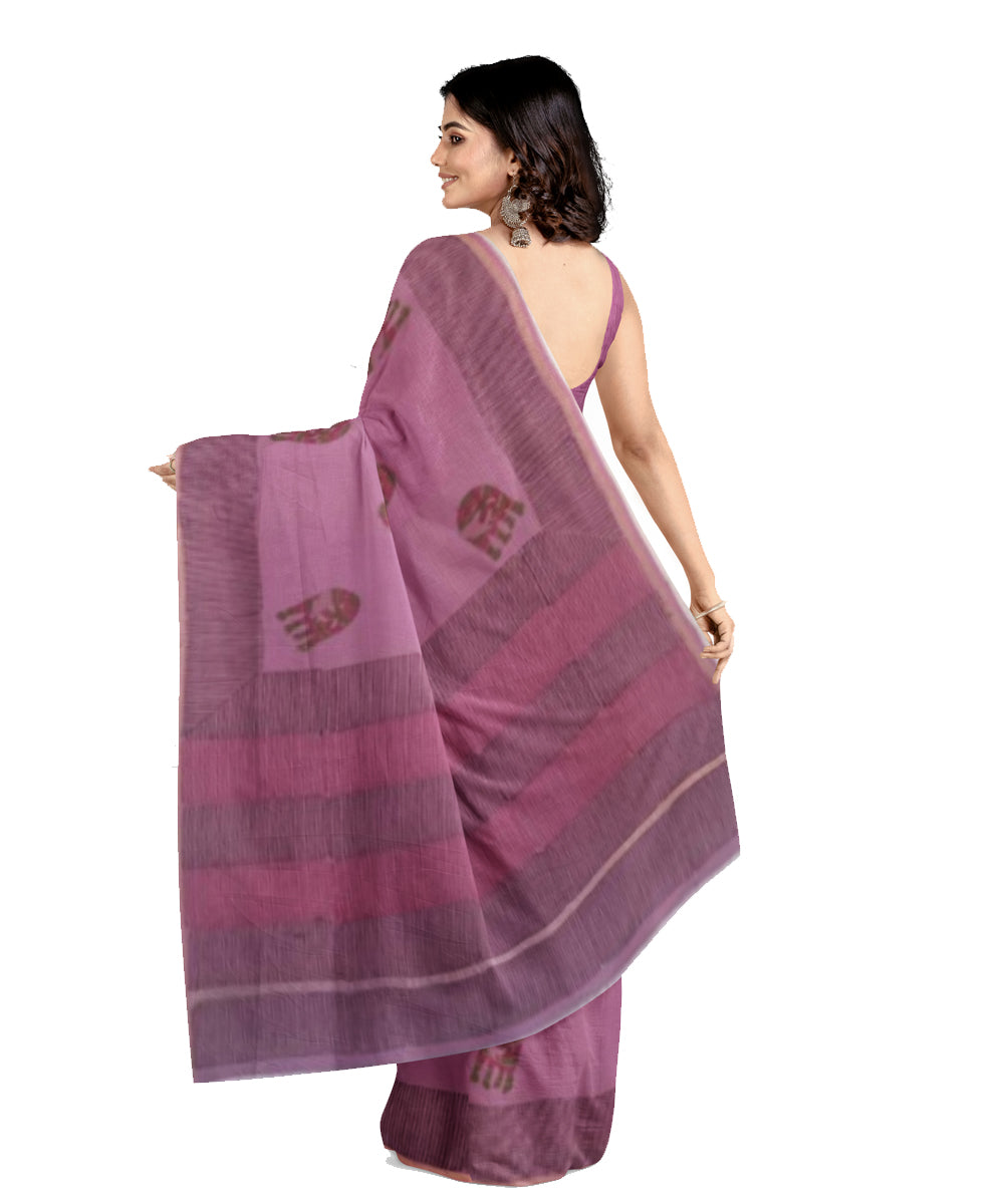 Purple brown cotton silk hand printed maheshwari saree