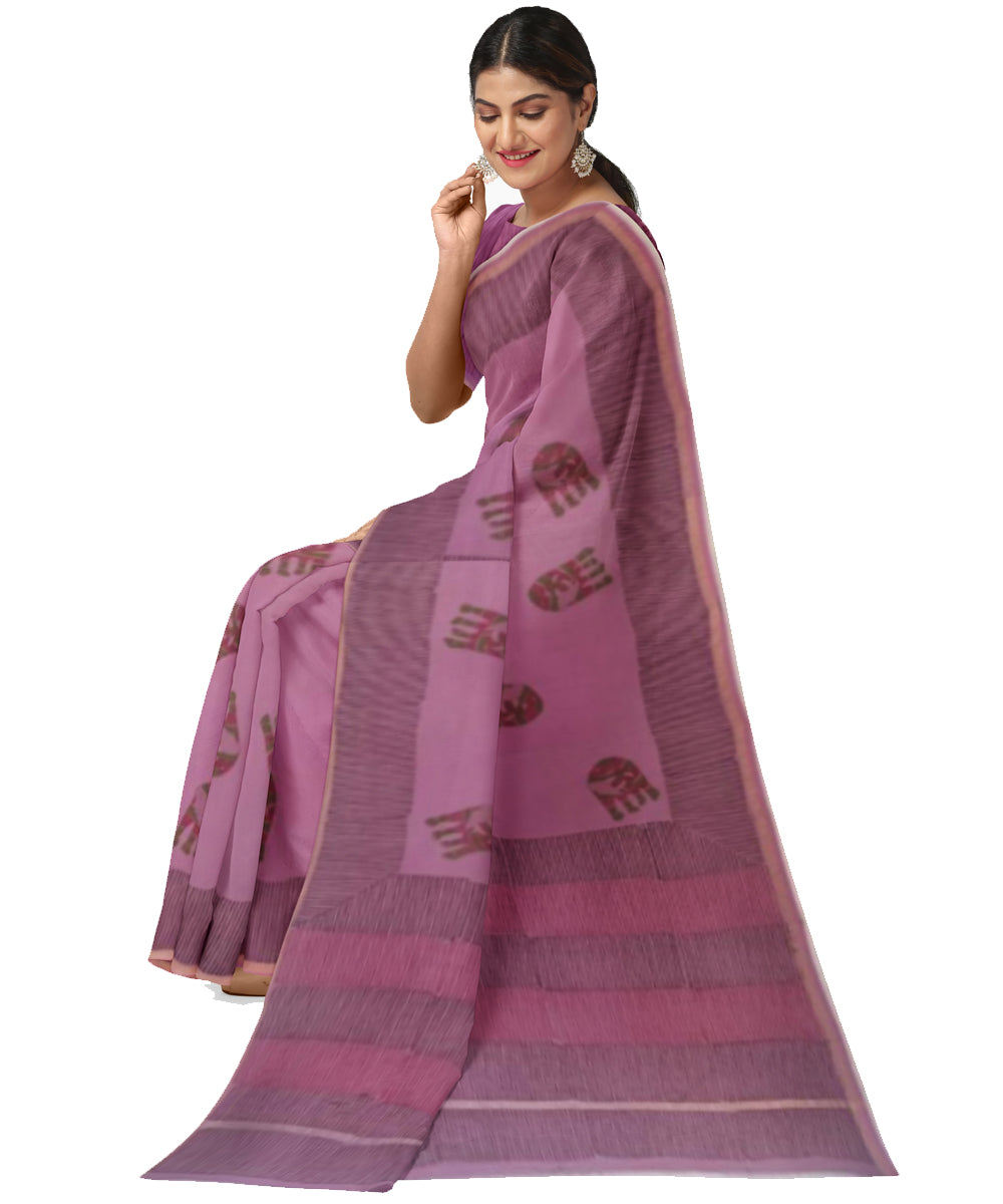 Purple brown cotton silk hand printed maheshwari saree